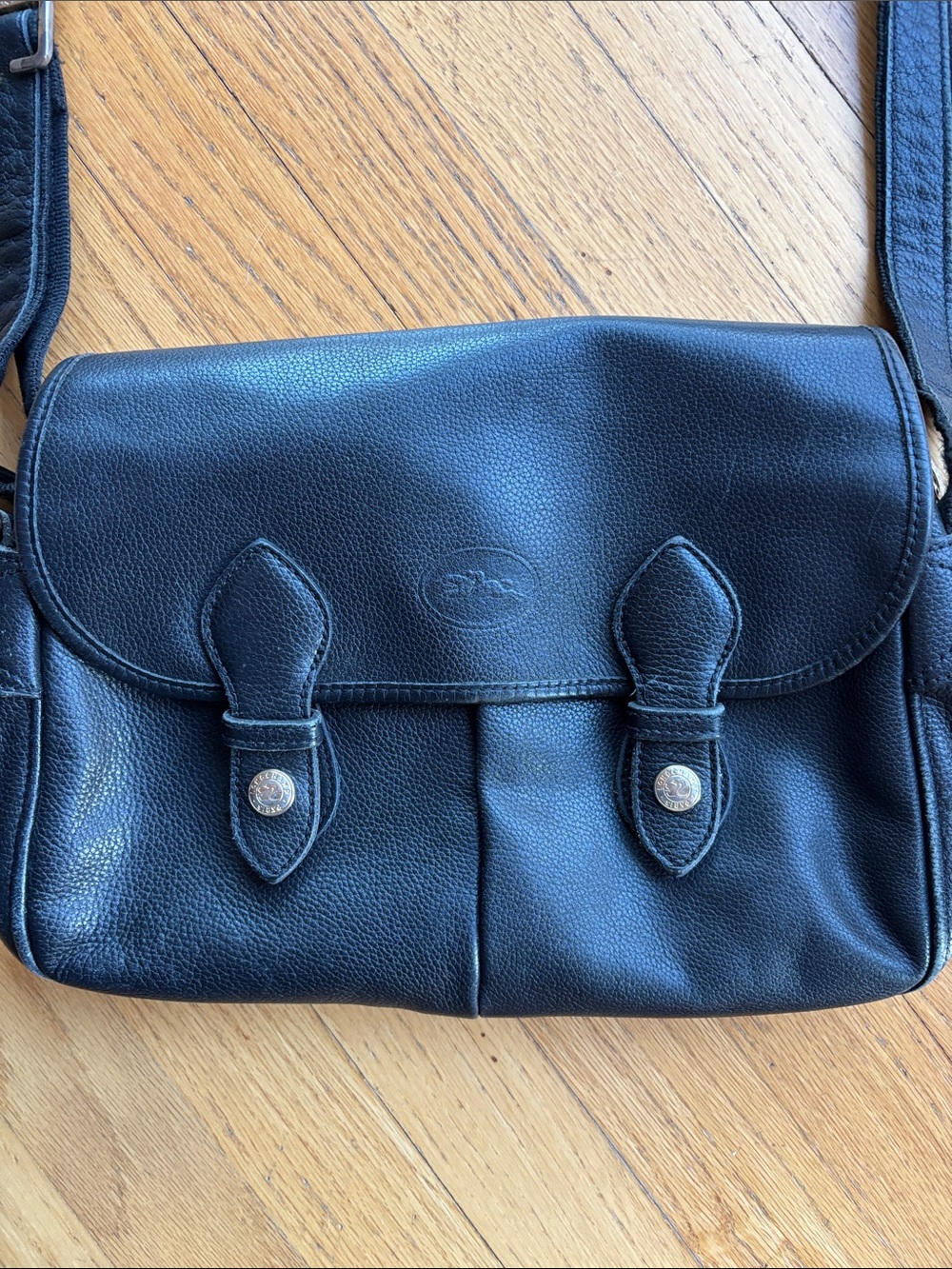Vintage Longchamp Paris Black Leather Crossbody Messenger Bag
